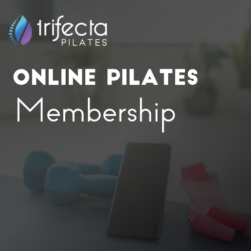 Online Pilates Membership on black gradient overlay over at home workout equipment