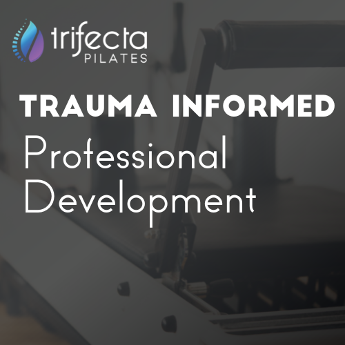 Trauma Informed Professional Development Pilates Mat Teacher Training on black gradient overlay over Pilates reformer