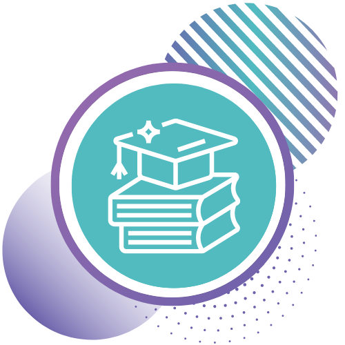 White books icon in teal circle, outlined by white and purple circles, gradient teal stripped circle  top right, purple gradient circle bottom left, small purple circles bottom right,