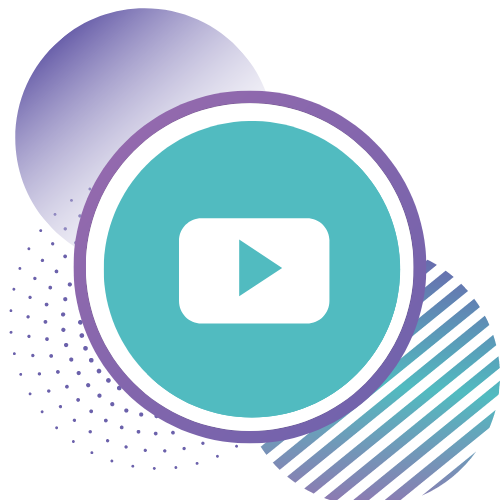 Teal YouTube icon in white circle, outlined by Teal and purple circles, purple gradient circle top left small purple circles bottom left, gradient Teal stripped circle in bottom right,