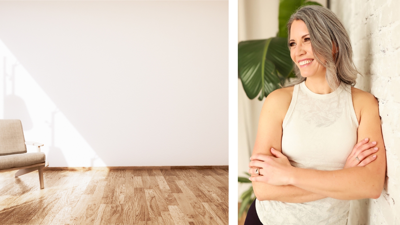 Left side image of wall, right side picture of Beth smiling against a wall looking to the right, arms crossed wearing cream colored top.